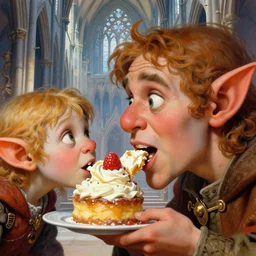 closeup profile face portrait of medieval goblins eating cakes in the cathedral, hyung tae and frank frazetta, hyper realistic, artstation, illustration, digital paint, matte paint, vivid colors, bright, cheerful, detailed and intricate gothic environment