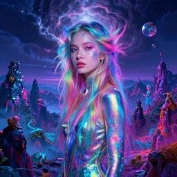 shimmering mystical girl in hallucinogenic stormy mountaintops, synthwave, bright neon colors, highly detailed, cinematic, tim white, vladimir kush, philippe druillet, roger dean, bob eggleton, michael whelan, boris vallejo, alfred kelsner, kubrick, jaroslaw jasnikowski