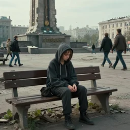 sadie sink in hoodie sits on bench in ruined square, pedestrians walk by. background of old soviet monument and pedestrians. storyboard, scifi cyberpunk. by gabriel hardman, joe alves, chris bonura. cinematic atmosphere, detailed and intricate, perfect anatomy