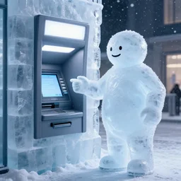 ice man using an atm made out of ice