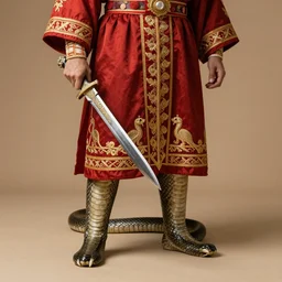 Man with snake tail instead of legs dressed in ceremonial robes and holding an ornate dagger