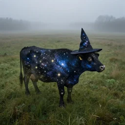 a detailed picture of a cow standing made of stars and nebulas in a grassy field wearing a witch hat, cow wearing hat!!! viewed in profile and far away, fog in the background, ultrawide lens, aerial photography, black and blue color scheme with gold highlights, art by greg rutkowski and and rembrandt and alphonse mucha, artstation, 8 k