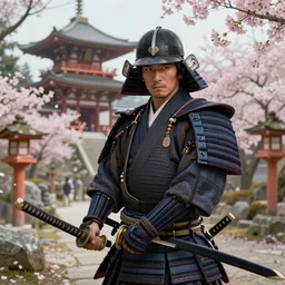 a detailed matte painting of a Samurai holding a katana, Shinto temple in the background, Sakura garden, art by Greg Rutkowski, highly detailed, 8k