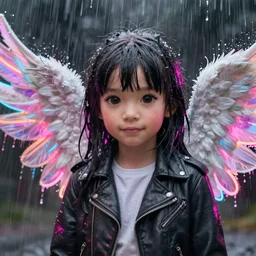 angel spirit guide, leather jacket, cartoon portrait made out of rain, realistic, highly detailed, splashes of neon, rendered in octane, unreal engine, beautiful, trending on artstation,