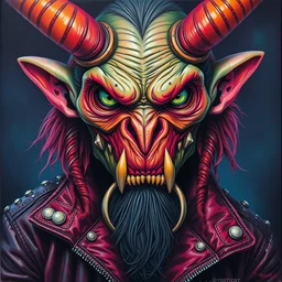 portrait of an apocalyptic demonic orcish goblin biker character, psychedelic vibrant colors, futuristic punk rock fashion, oil painting by michael whelan art, sharp focus, realistic, detailed eyes, studded leather jacket, piercings, face tattoos