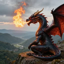 fire - breathing dragon with red eyes sitting on a hill looking down into a valley, hyper - realistic