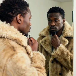 photo of a black man wearing a dirty light brown sheepskin coat, hook for a hand, reflection in a mirror, bee stings on his face