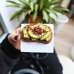 polaroid picture of avocado toast, hell background, wide angle,
