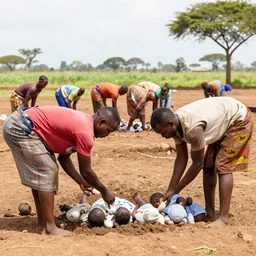 african farm workers harvesting african newborns on an african farm in africa