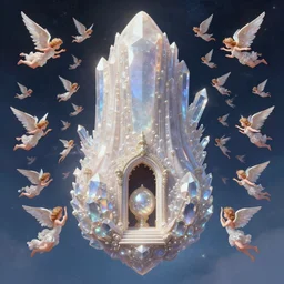 a symmetrical! delicate mtg illustration by charles vess of hundreds of radiant tiny winged seraphim flying out from the entrance of a gargantuan vulva!!! - shaped temple of smooth organic architecture, floating in the astral plane and constructed of house - sized crystals and with the bulb of the vestibule over the temple door made of iridescent pearl