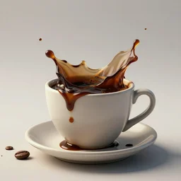: sloppy old  cup of coffee with coffee flyingout the cup  unrealengine ,cinematic, hyper realism, high detail, octane render, 8k