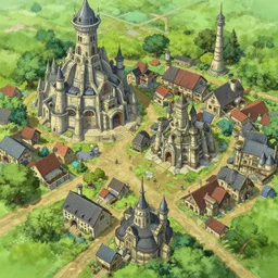 aerial view of a futuristic medieval village, anime drawing, studio ghibli, 4 k, desktop wallpaper