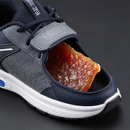 athletic shoe, hidden compartment in shoe sole, hidden compartment contains beef jerky, product photo