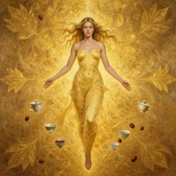 epic painting, full figure portrait of beautiful goddess with golden glow background, levitating tea cups and dried dates, drawing, photography by amy leibowitz, wlop, jeremy lipkin, beeple, intricate golden fractals, team leaves flying in the sky, symmetrical front portrait, artgerm