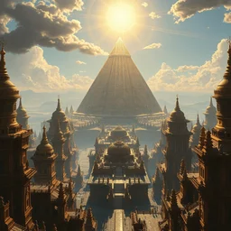 a futuristic solarpunk city with temples with a giant pyramid and bright sun rays 8 k highly detailed hyperornate oil painting by marc simonetti and caspar david friedrich, trending on artstation