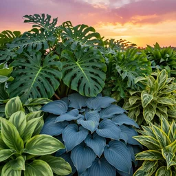 photorealistic matte painting field of hostas, monsteras, diefenbachias at sunset, vibrant