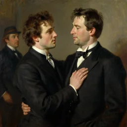 stephen amell on the left comforting chris evans on the right, painting by gaston bussiere, craig mullins, j. c. leyendecker