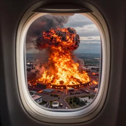inside airplane window view, aerial imagery, huge fire, very detailed, trending on artstation