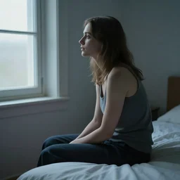 woman sitting on bed, looking out the window, minimalistic room, soft light coming from outside, cold atmosphere, shot by fincher