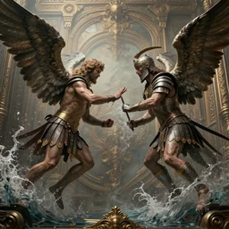 Gladiators fighting angels of God turning into water, high detail, 8k, ornate, masterpiece, complex, haze, film still from the movie directed by Denis Villeneuve with art direction by Pablo Picasso and Greg rutkowski, Alex Gray, close up