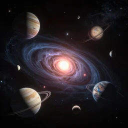 Multiple supernovas in the middle of space, planets scattered