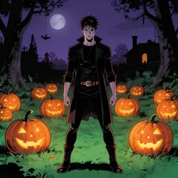 sam from trick r treat, stands in front of pumpkin filled lawn at night, halloween comic book, comic book art in the style of frank miller