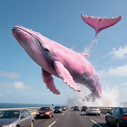 a giant pink whale falling out of a blue sky onto cars on a busy bridge, cinematic lighting