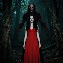 artgerm, richard avedon, full body, pretty alyson hannigan, evil dead demon, evil dead movie, red dress, symmetrical eyes, symmetrical face, long curly black hair, trees, forest, branches, cinematic lighting, evil dead creature, scary, blood