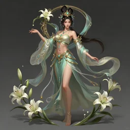 concept art by illustrator at riot games, kathi langley and john singer sargent, chinese fairy goddess in game honor of kings, character concept, full body, chinese fairy goddess, hyper detailed, honor of kings character concept, dynamic pose, intricate, lily flowers. 8 k