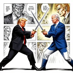 donald trump versus joe biden sword fighting as a berserk miura manga panel