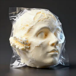 a crushed head with ice cream spread on it wrapped in cling film,, cg render, ray tracing, 8 k resolution, sharp