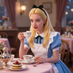 a blonde anya taylor joy as alice in wonderland mad hatters tea party, unreal engine max vram, volumetric lighting, extremely high quality, surealism