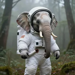 giant elephant wearing white spacesuit with oversized helmet as astronaut animal, in the woods, foggy mood, overcast bokeh, macro shot - c 1 4