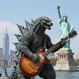 a high quality photo of  Godzilla playing electric guitar, Statue of Liberty, New York city as backdrop, render, ultra realistic, cgsociety