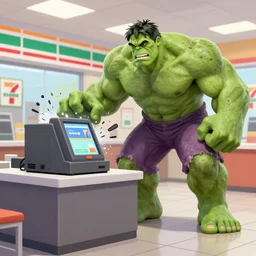 Accidents, The Hulk working as a 7/11 cashier smashing cash register, wide wide shot, very detailed, beautiful lighting, broken counter, fire, smoke