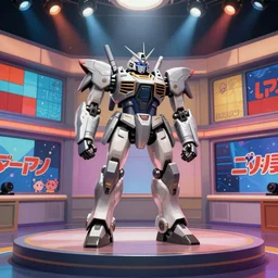 armored core v robot standing on the small stage in the tv studio, colorful panels, telop, funny japanese tv show.