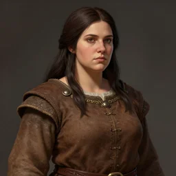 3 0 years old woman : : dark straight hair : : slightly overweight : : brown medieval cloting, natural materials : : high detail, digital art, illustration, realistic