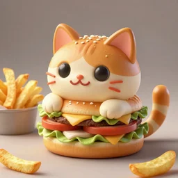a burger in the shape of a cat, with fries, volumetric lighting, 4 k