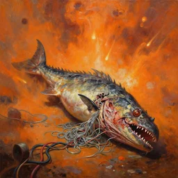 oil painting of wide necrotized helicoprion wounded & eviscerated by chrome noodles, colored electrical wires, surrounding with orange atomic sky hellstorm skin meteors, epic fine art painting, cinematic, in style of wayne d barlowe