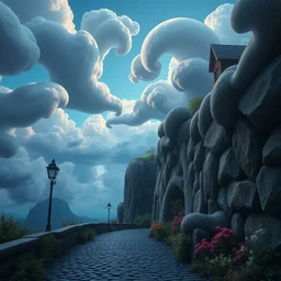 curled perspective digital art of curly clouds cobblestone street with wildflowers to a cliff in top of a deep blue see by anton fadeev from nightmare before christmas, smoke