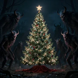a lonely christmas tree surrounded by krampus like monsters, nighttime, dark, surroundings are illuminated by the christmas tree, eerie, in the style of craig mullins