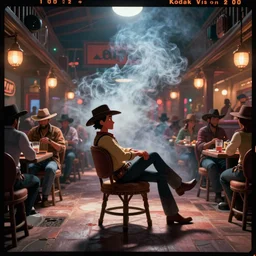 first image from new animated western film, cel shading, a cowboy slouches in a saloon chair in shadow, crowded saloon, smoke in the air, lush colors, kodak vision 2 0 0 t, anamorphic lens, halation, diffusion, framing, symmetrical, film grain, high contrast