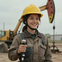 young female oil driller, smiling, digital portrait by greg rutkowski, intricate, soft focus, highly detailed, cinematic, epic, artstation