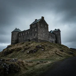 wide angle shot of an old castle on an icelandic hill with moody and cinematic lighting by craig mullins, cinematic and atmospheric, concept art, artstation, trending on artstation