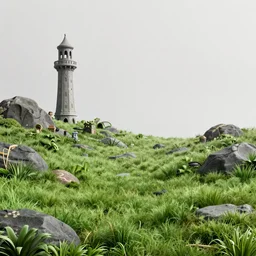 beautiful matte painting of a fantasy grassy and rocky field with a tower in the center