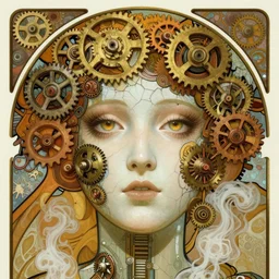 A close-up portrait of a beautiful female android wearing an intricate cracked porcelain face by Alphonse Mucha, exposed inner gears, bright soulful eyes, steampunk, gears, steam, art nouveau card, concept art, wlop, trending on artstation
