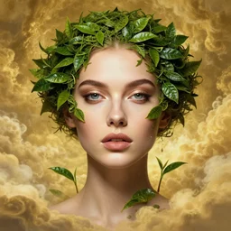 epic surreal portrait of beautiful female face supermodel goddess portrait surrounded by tea leaves, concept art, wlop, jeremy lipkin, beeple, intricate, artgerm, ilya kuvshinov, golden clouds background