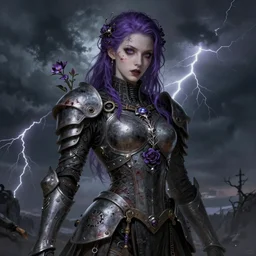 portrait of beautiful gothic young mainem, more thunderstorm, cyber armor, a lot of scars, more and more flowers, purple head, the middle ages, highly detailed, artstation, illustration, art by jean delville, 8 k quality, art by greg gandy and gustav klimt