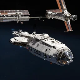 A photo of a spaceship docking to a space station in style of Homeworld 2, realistic, cinematic, extremely high detail, 8k, cinematic, octane render, unreal engine