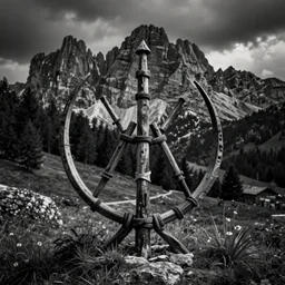 photography of old occult sign built from farmer sickles, centered, no repition, dark, black and white, dolomites in background, dolomites, dark, eerie, despair, artstation, digital art, adward winning